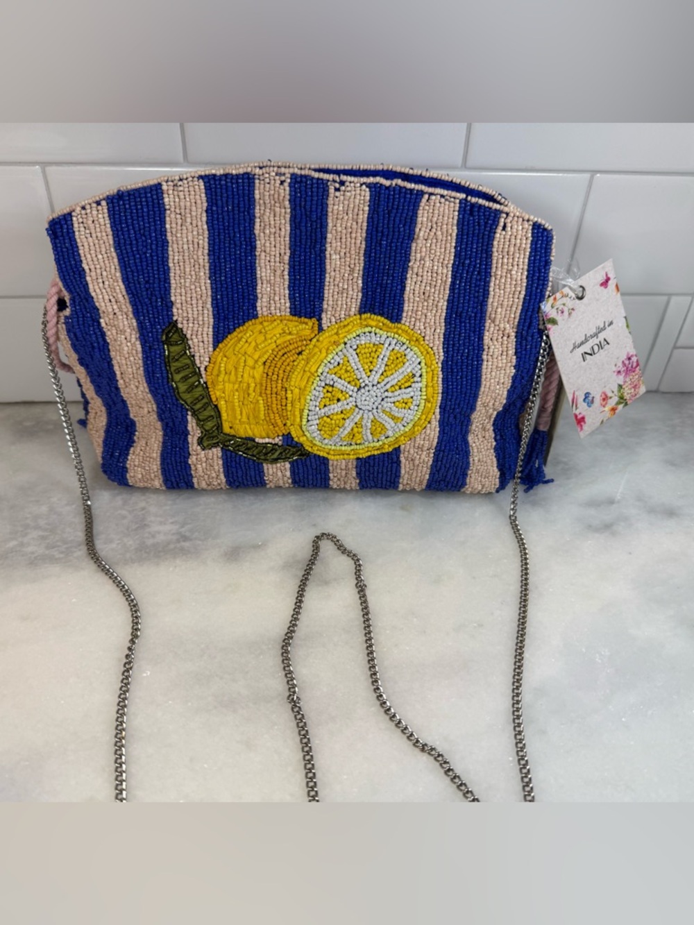 NEW RELEASE Made In India Beaded Blue Striped Lemon Crossbody Clutch Bag NWT